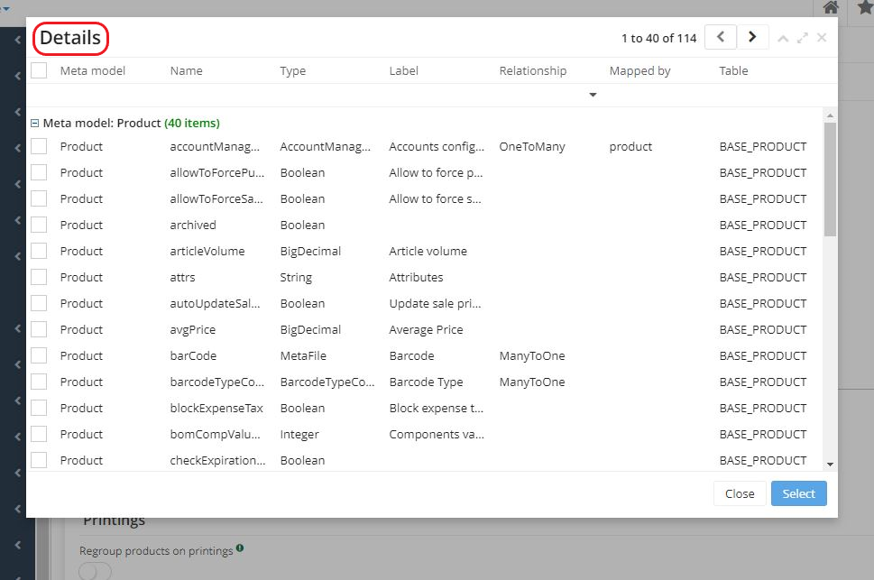 2.5. Once you have clicked on Select in the Company-specific product fields table, you will be able to select the fields in the Details window.